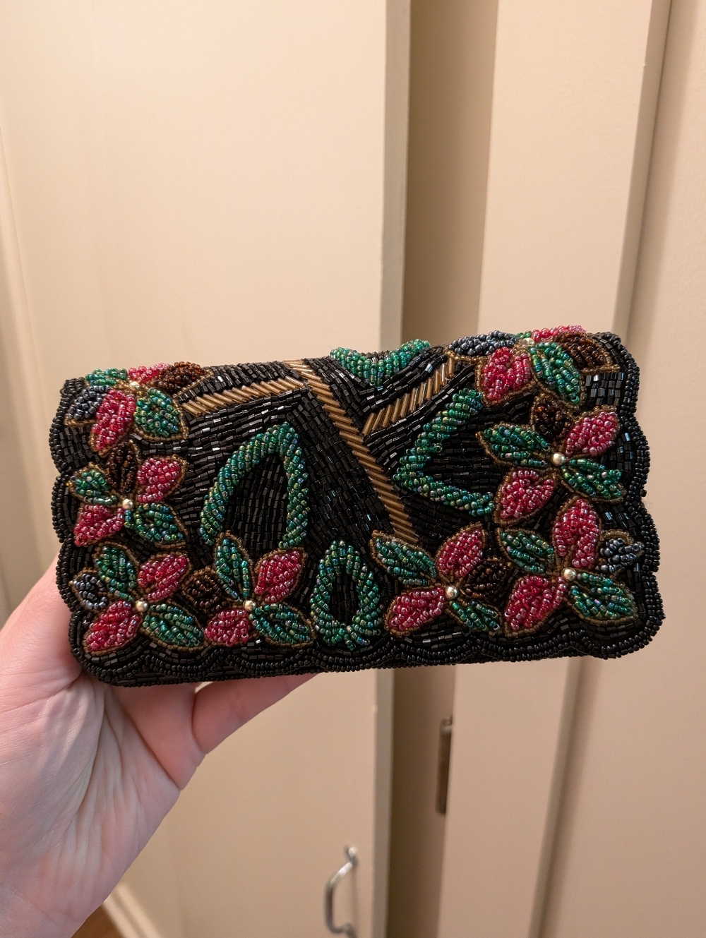 Embellished Floral Beaded Clutch - Black, Green & Red